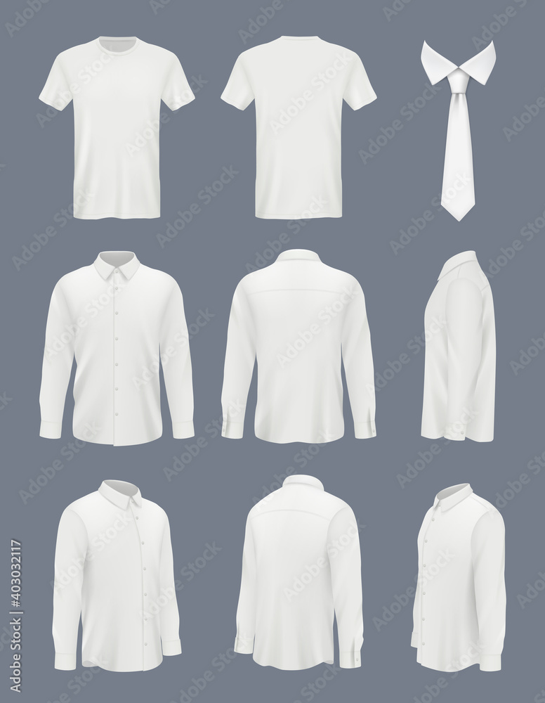 Wall mural Business shirt for men. Male luxury shirt with long sleeve and tie clothes mockup uniforms decent vector pictures set. Top view mock up white shirt illustration - Wall murals