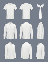 Business shirt for men. Male luxury shirt with long sleeve and tie clothes mockup uniforms decent vector pictures set. Top view mock up white shirt illustration