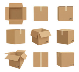 Cardboard boxes. Deliver craft packages front and side view decent vector realistic illustrations. Box empty, cardboard mock up isometric - obrazy, fototapety, plakaty
