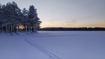 Russia, Karelia, Kostomuksha. The ski trail goes around the island of the forest. January 04, 2021.