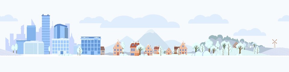 City landscape covered with snow. Blue skyscrapers with private houses and vector park spotted by white snowstorm.