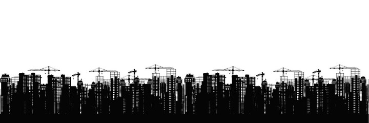 City building landscape. Silhouettes black skyscrapers under construction with cranes against white background vector panorama.