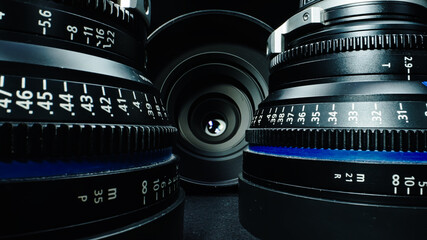 Close up macro shot of prime cine camera lenses