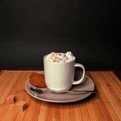 A Cup of coffee with foam and marshmallows. Beige, calm and warm tones. The view from the top. Oatmeal cookies sugar and a wooden napkin.