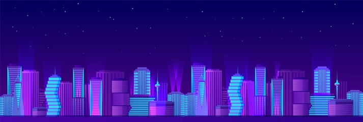 Urban neon night landscape. Bright purple skyscrapers with blue light on background of dark starry vector sky.