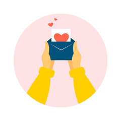 Girl holding a love letter with hearts. Vector illustration on isolated white background.