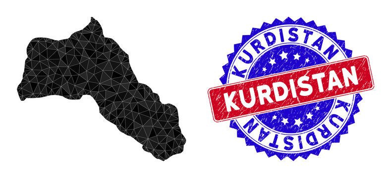 Kurdistan map polygonal mesh with filled triangles, and textured bicolor rubber seal. Triangle mosaic Kurdistan map with mesh vector model, triangles have variable sizes, and positions,