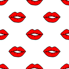 Bright seamless pattern with red lips on a white background.