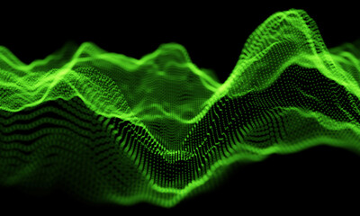 Wave of green particles. Abstract technology flow background. Sound mesh pattern or grid landscape. Digital data structure consist dot elements. Future vector illustration.