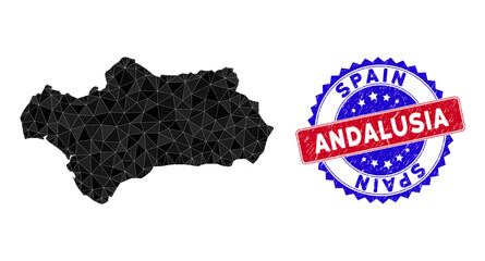 Andalusia Province map polygonal mesh with filled triangles, and rubber bicolor stamp. Triangle mosaic Andalusia Province map with mesh vector model, triangles have variable sizes, and positions,