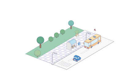 Vector isometric icon or infographic element representing bus approaching bus stop on the street