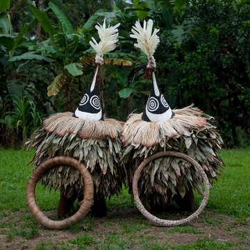 Duk duk giant masks with traditional shell money, East New Britain Province, Rabaul, Papua New Guinea
