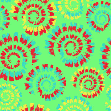 Seamless vector pattern with colourful tie dye spiral on green blue background. Artistic shell fossil wallpaper design. Decorative summer festival fashion textile.