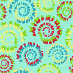 Fototapeta na wymiar Seamless vector pattern with tie dye spiral on blue background. Artistic paint stain wallpaper design. Hippies fashion textile texture.