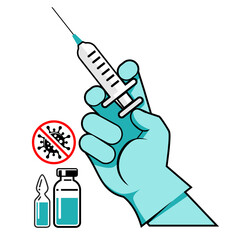 Doctor's hand in a medical glove with a syringe for injection. Coronavirus vaccine vaccination concept. Vector icon on transparent background