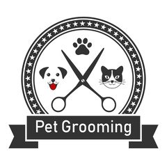 dog and cat haircut emblem for salon in circle with stars and banner