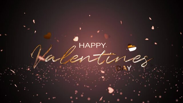 Animation of the words Happy Valentines Day written in pink gold letters with gold light hearts particles on dark pink background. 4K 3D romantic Valentines day Gold Text Titles Greeting VDO footage.