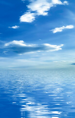 Blue sky with clouds, horizon, sunlight reflected in water, clouds, waves. Empty sea landscape,...