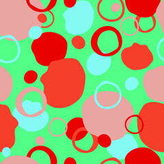 Seamless vector pattern with paint blob on green blue background. Artistic colourful stain wallpaper texture. Bright modern fashion textile.