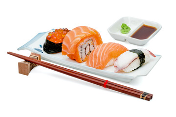 Nigiri sushi set with chopsticks and dish japanese style isolated on white background ,include clipping path