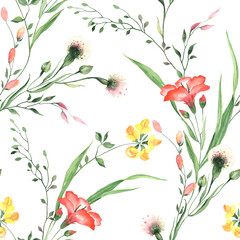 Fototapety  Kwiatowy wzór rozproszonych gałęzi z kolorowych kwiatów i zielonych liści. Akwarela ilustracja na białym tle.