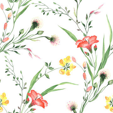 Floral seamless pattern of scattered branches with colorful wildflowers and green leaves. Watercolor illustration on white background. 