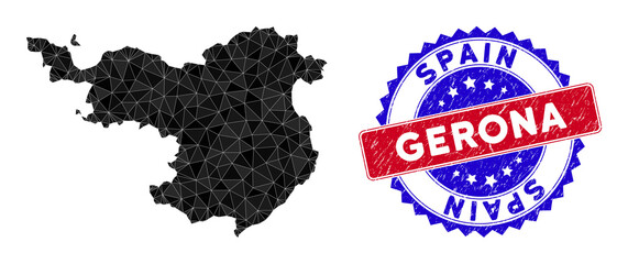 Gerona Province map polygonal mesh with filled triangles, and textured bicolor stamp seal. Triangle mosaic Gerona Province map with mesh vector model, triangles have randomized sizes, and positions,