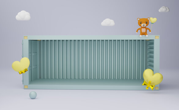 Shipping Container Empty With Yellow Heart Shapes And Teddy Bear In Gray Composition For Modern Stage Display And Minimalist Mockup ,valentine's Day Background ,Concept 3d Illustration Or 3d Render