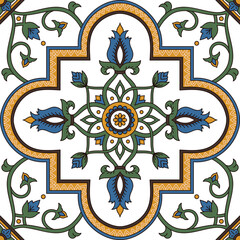 Portuguese tile pattern vector seamless with floral ornament. Portugal azulejo, mexican talavera, italian majolica, arabesque motif or spanish ceramic. Mosaic texture for kitchen or bathroom floor.