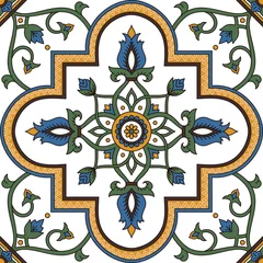 Gordijnen Portugese tegelpatroon vector naadloos met bloemenornament. Portugal azulejo, Mexicaanse talavera, Italiaanse majolica, arabesk motief of Spaans keramiek. Mozaïektextuur voor keuken- of badkamervloer. © irinelle