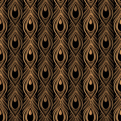 Peacock feathers luxury pattern seamless. Oriental gold black royal background vector. Art deco design for gift wrapping paper, beauty spa, yoga wallpaper, wedding party, birthday package, backdrop.