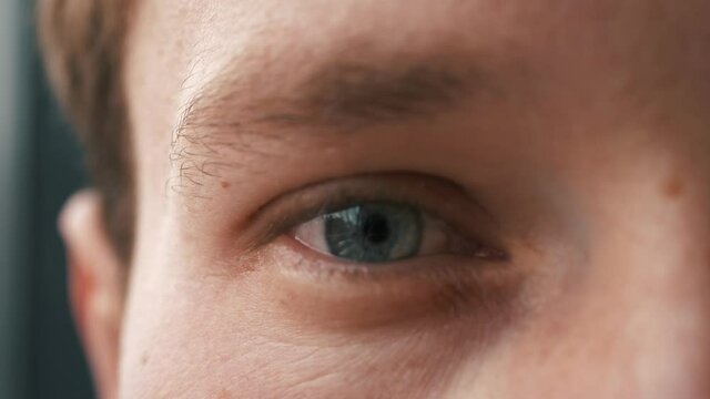 Highly detailed portrait of young man. Close up blue eye of man staring and blinking with a happy sight. Portrait of half male face looking into camera with positive emotions. Extreme Close Up