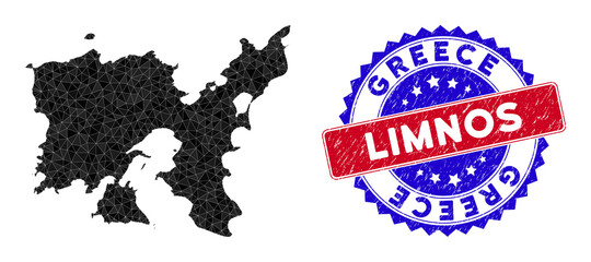 Limnos Greek Island map polygonal mesh with filled triangles, and rubber bicolor rubber seal. Triangle mosaic Limnos Greek Island map with mesh vector model, triangles have different sizes,