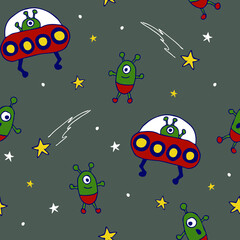 Naklejka na ściany i meble Seamless vector pattern with cartoon aliens on grey background. UFO spaceship wallpaper design for children. Retro universe fashion textile.