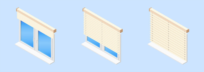 Isometric vector illustration realistic window blinds in open and closed form isolated on blue background. Modern plastic PVC windows with horizontal  blinds vector icons in flat cartoon style. 