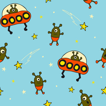 Seamless vector pattern with cartoon aliens on blue background. Fun UFO wallpaper design for children. Cute galaxy fashion textile.