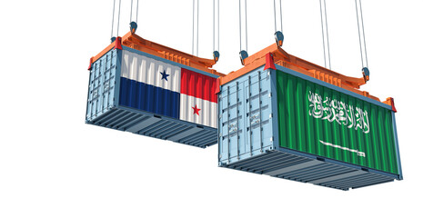 Freight containers with Saudi Arabia and Panama national flags. 3D Rendering 