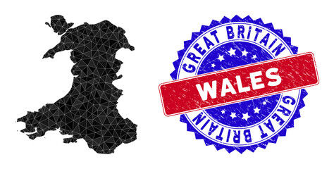 Wales map polygonal mesh with filled triangles, and grunge bicolor stamp seal. Triangle mosaic Wales map with mesh vector model, triangles have various sizes, and positions, and color tints.