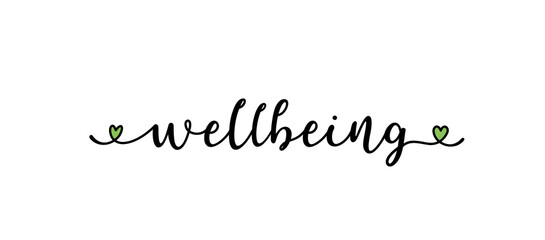 Hand sketched WELLBEING word as logo. Lettering for web ad banner, flyer, header, advertisement, poster, label,sticker,announcement