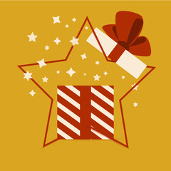 Web square banner. Colorful red and gold Pattern Gift Box with Ribbon and Bow for holidays sale time with geometric shape. Valentine's day, anniversary, women's holidays, mother's day etc. 