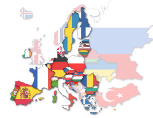 3D Karte von Europa mit Flaggen Staaten, EU Staaten stärker dargestellt auf weißem Hintergrund