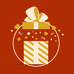Web square banner. Colorful red and gold Pattern Gift Box with Ribbon and Bow for holidays sale time with geometric shape. Valentine's day, anniversary, women's holidays, mother's day etc. 