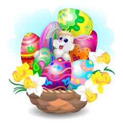 festive easter basket with colorful easter eggs, bunny and flowers