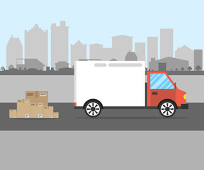 White delivery van with shadow and cardboard boxes on city background. Vector illustration.