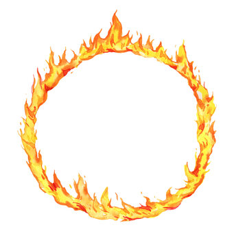 Round frame with fire flames. Hand drawn watercolor sketch illustration. Isolated on white background