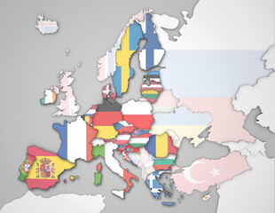 3D Karte von Europa mit Flaggen Staaten, EU Staaten stärker dargestellt (graue Gewässer)