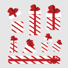 Web square banner. Set Colorful red and white Pattern Gift Box with Ribbon and Bow for holidays sale time with geometric shape. Valentine's day, anniversary, women's holidays, mother's day etc. 