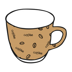 Black hand drawing illustration of a beige cup for hot tea with coffee pattern isolated on a white background