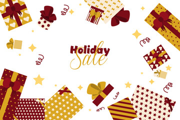 Web banner. Colorful red and gold Pattern Gift Box with Ribbon and Bow for holidays sale time. Valentine's day, anniversary, women's holidays, mother's day etc.