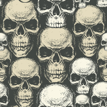 Seamless pattern with hand-drawn human skulls. Vector background with sinister skulls. Graphic print for clothes, fabric, wallpaper, wrapping paper, design element for halloween party